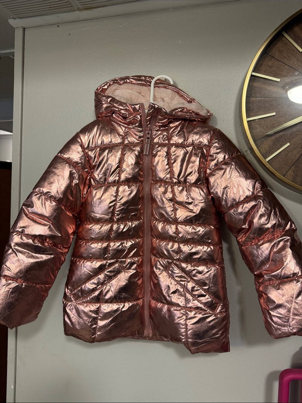 wonder nation Metallic Rose Gold Puffer Jacket with Hood